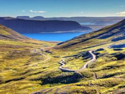 Scenic view of Westfjords in Iceland with a winding road