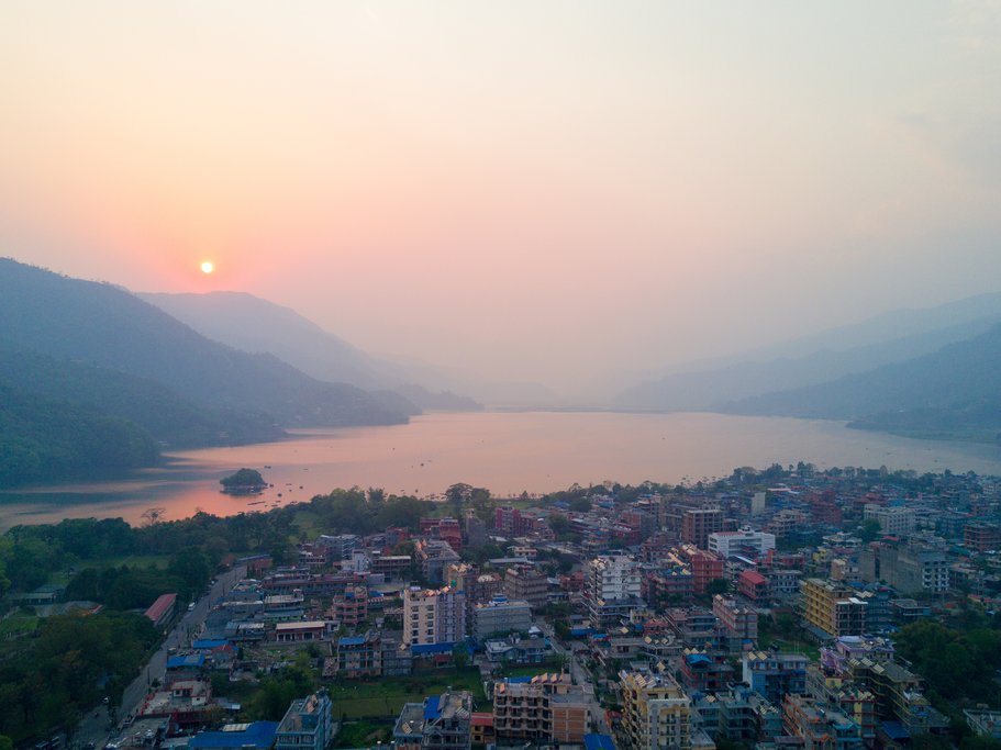 Pokhara and Phewa Lake at sunset