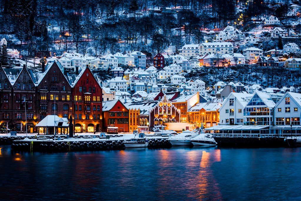 Bergen's beautiful waterfront after a snowfall.