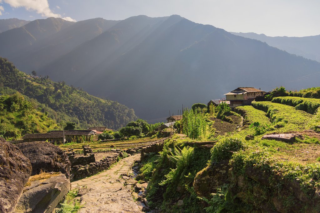 Sunrise over Chomrong village Annapurna conservation area ,Nepal