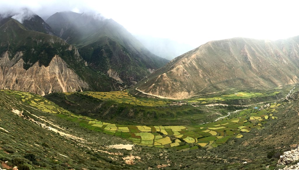 Yari village and valley below the trail. The trail today grows more desolate and rocky.
