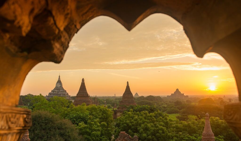 Beautiful sunrise over the ancient pagodas in Bagan, Myanmar
