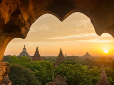 Beautiful sunrise over the ancient pagodas in Bagan, Myanmar