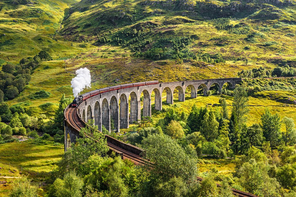 The Jacobite Express crossing the Glenfinnan Viaduct.