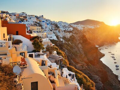 Santorini skyline sunrise with buildings in Greece.