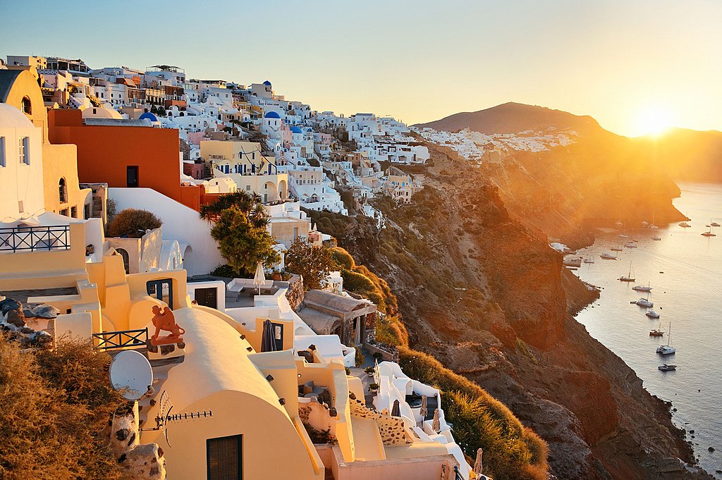 Aerial view of Oia on the island of Santorini.