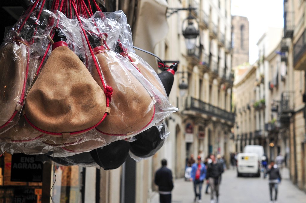 Typical Spanish bota bags on sale in Spain