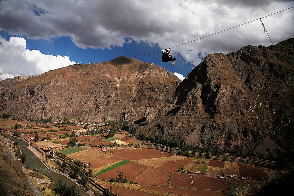 Riding a zip line in the Sacred Valley