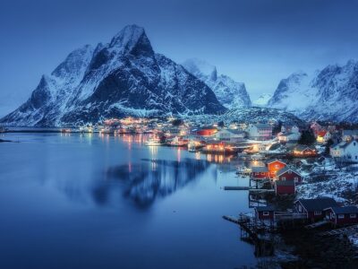 Beautiful Reine In At Night, Lofoten Islands, Norway. Winter Lan