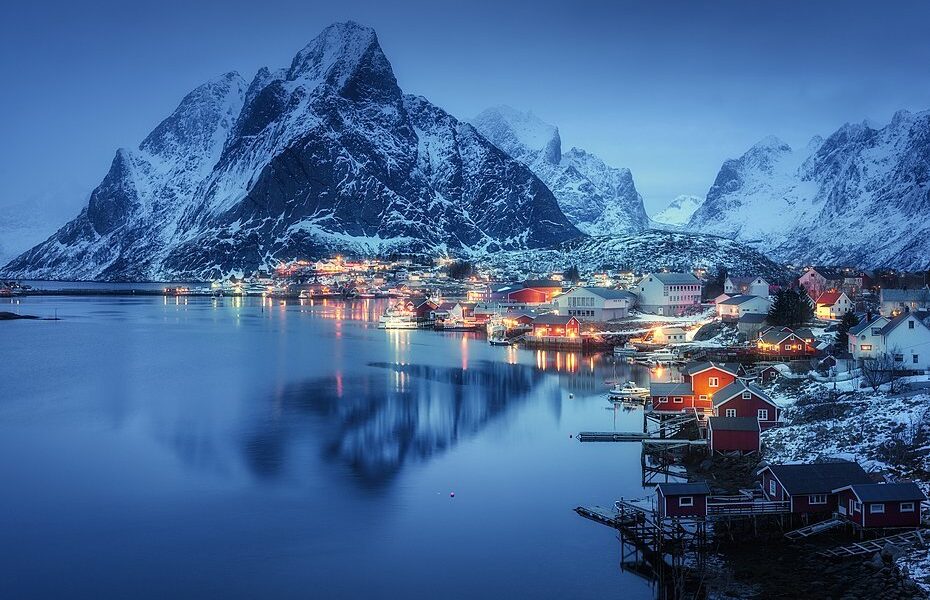 Beautiful Reine In At Night, Lofoten Islands, Norway. Winter Lan