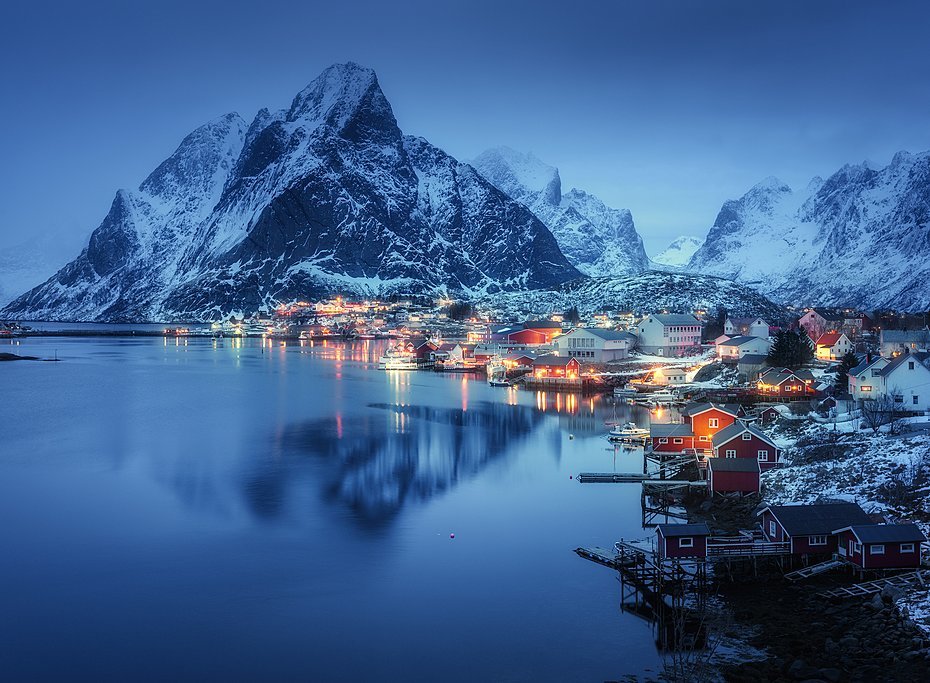 Lofoten's village of Reine after dusk