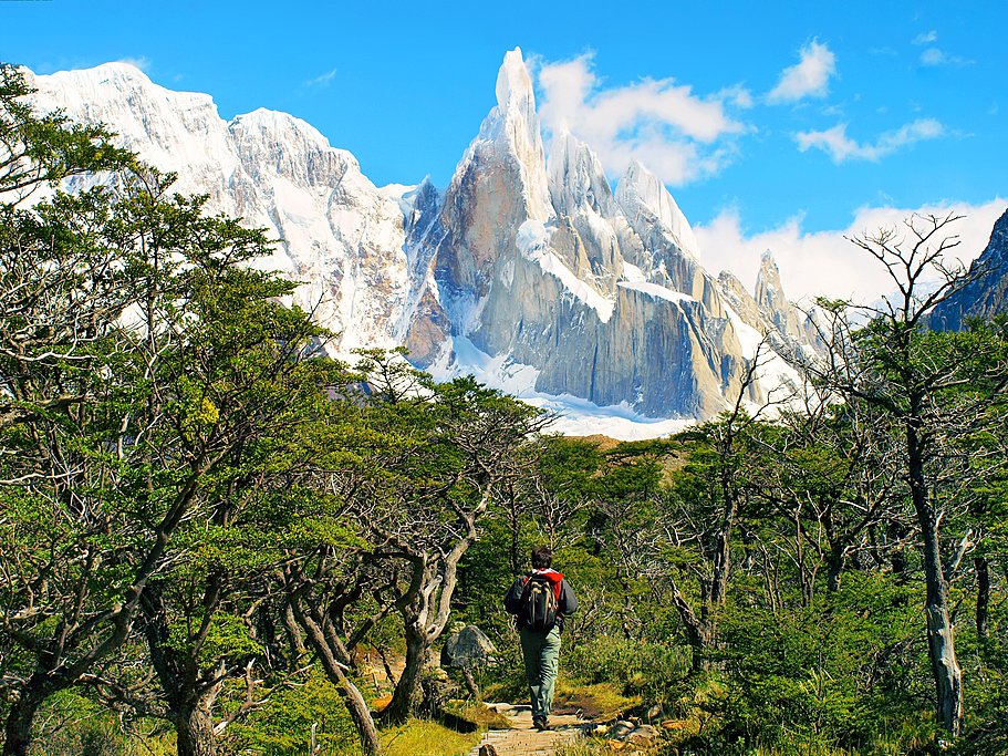 A hiker at the base of Cerro Torre