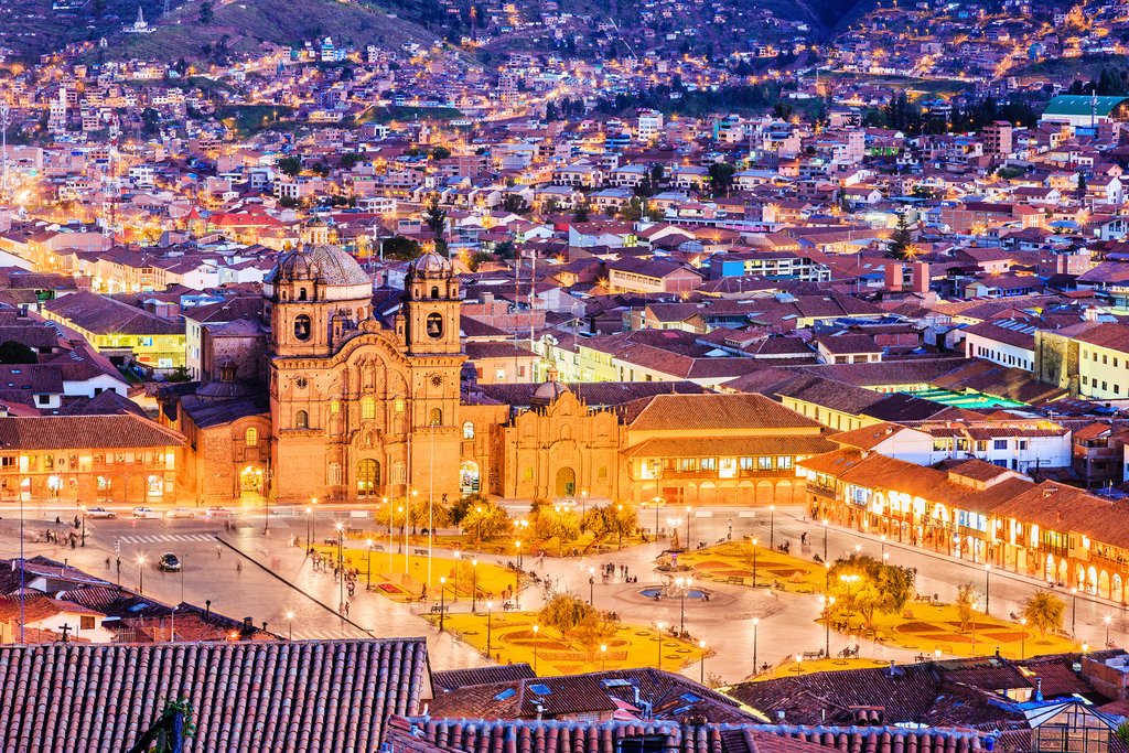 Evening view of Cusco's Plaza de Armas