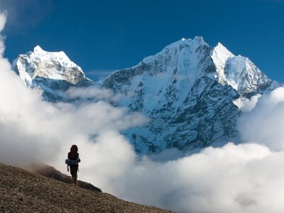 Kangtega And Thamserku With Tourist - Beautiful Mounts Above The