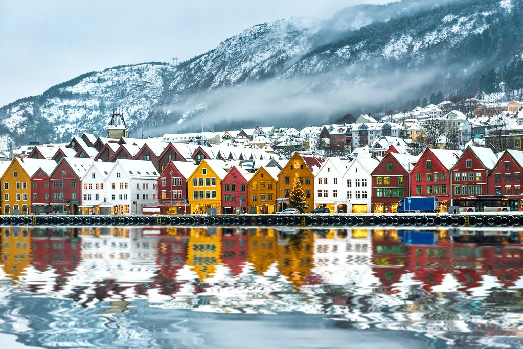 Bergen's UNESCO-listed waterfront after a snowfall.