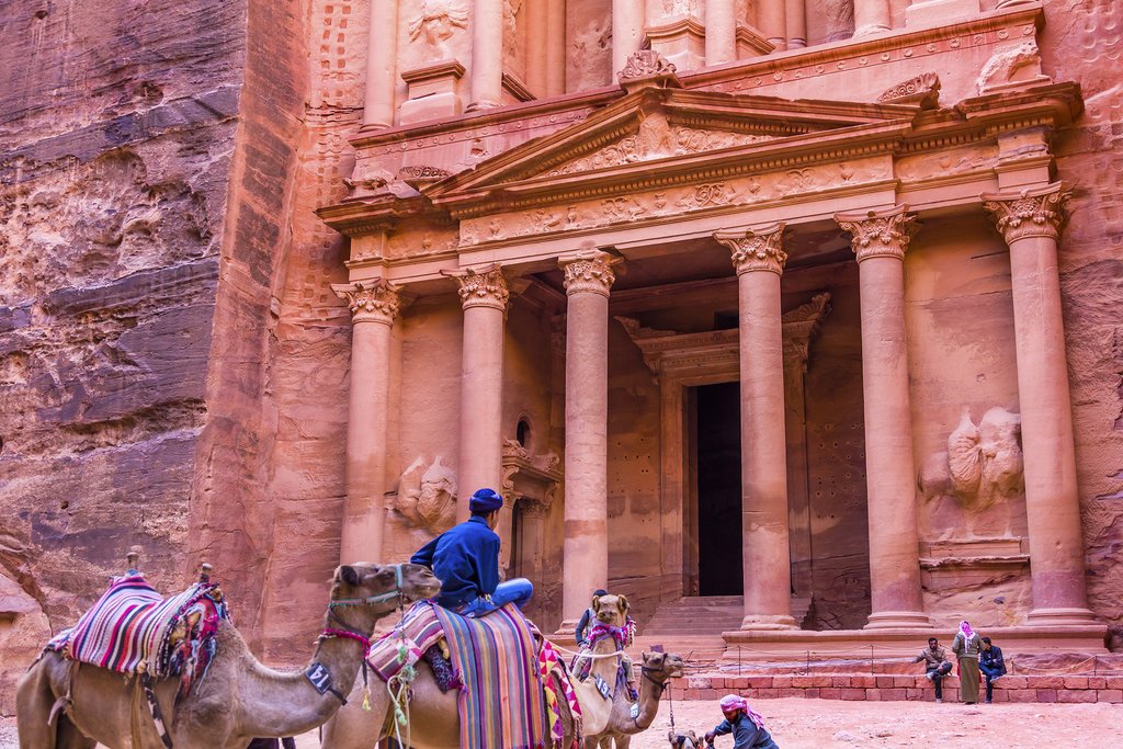 Rose Red Treasury in Afternoon Becomes Golden in Morning Camels Siq Petra Jordan Petra Jordan.