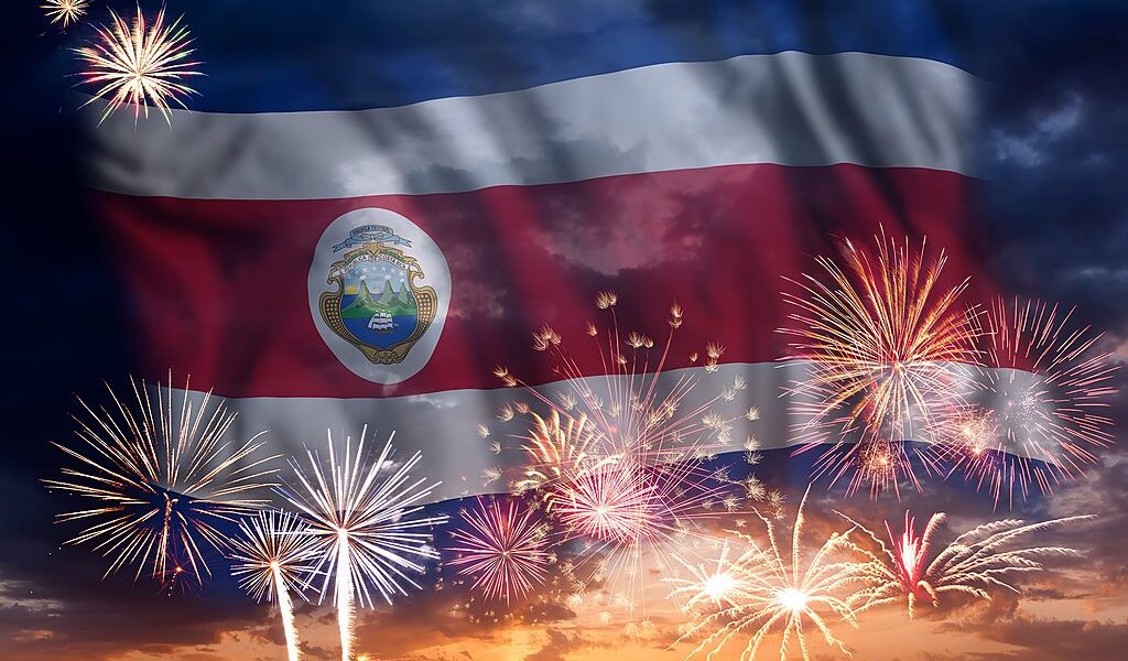 Holiday Sky With Fireworks And Flag Of Costa Rica, Independence