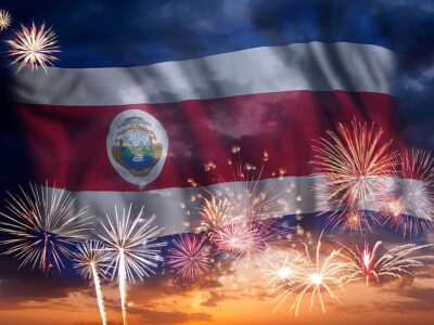 Holiday Sky With Fireworks And Flag Of Costa Rica, Independence