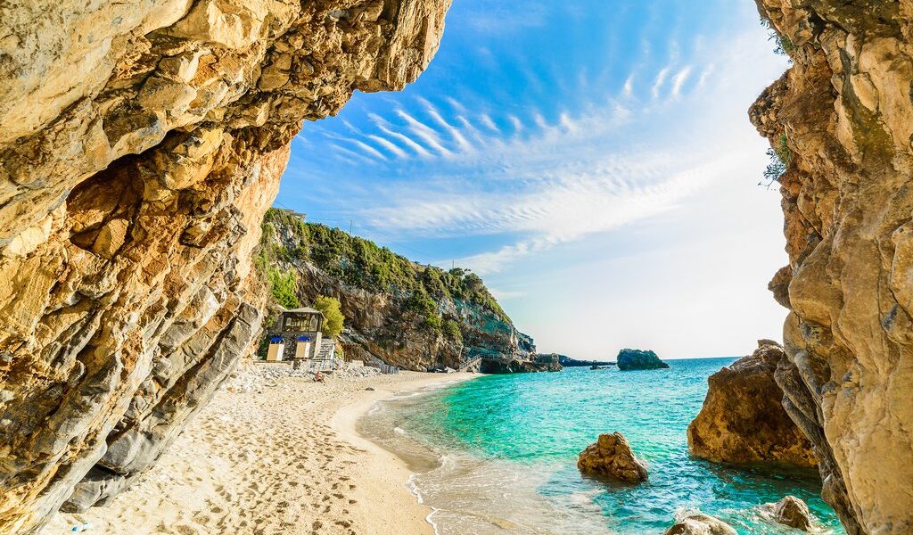 Beautiful view over the sea beach in Corfu island, Pelion - Mylopotamos, Greece