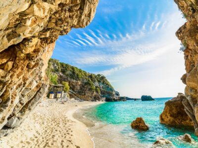 Beautiful view over the sea beach in Corfu island, Pelion - Mylopotamos, Greece