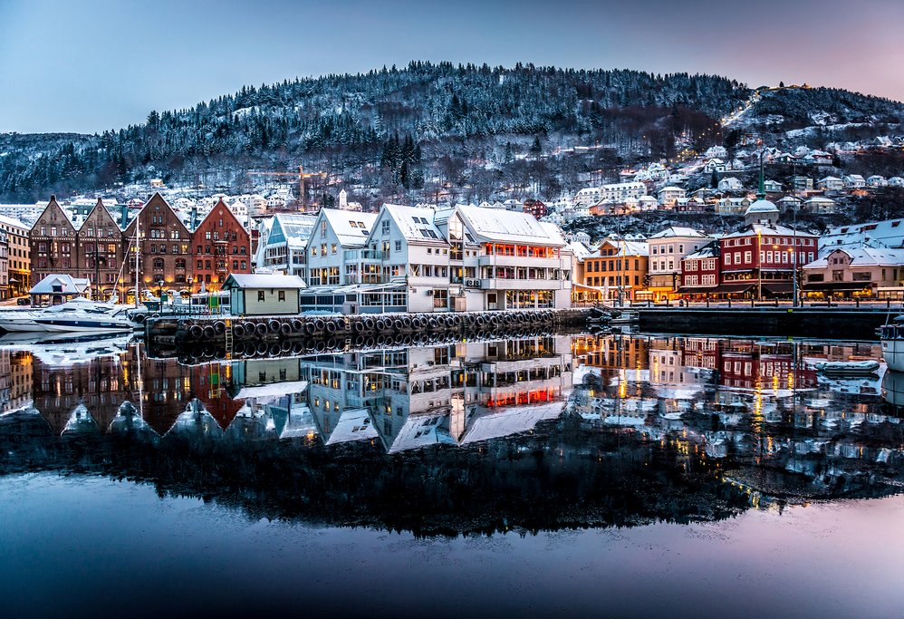 Bergen's UNESCO-listed waterfront after a snowfall.
