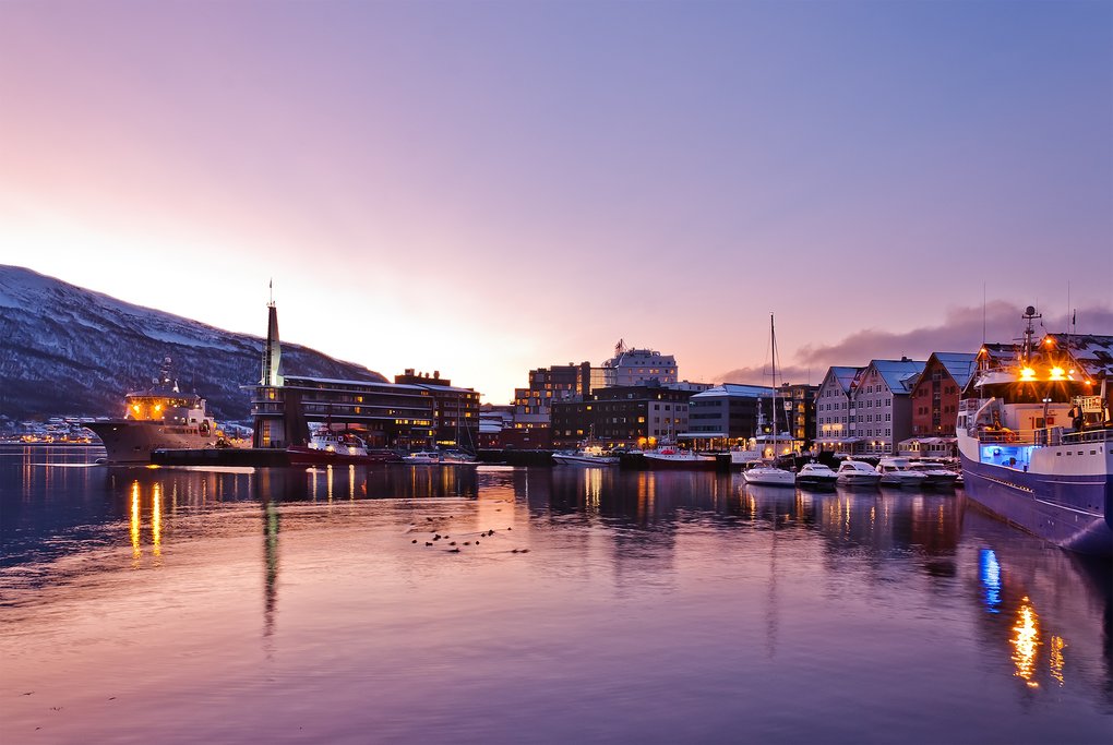 Tromsø's charming harbor at sunset