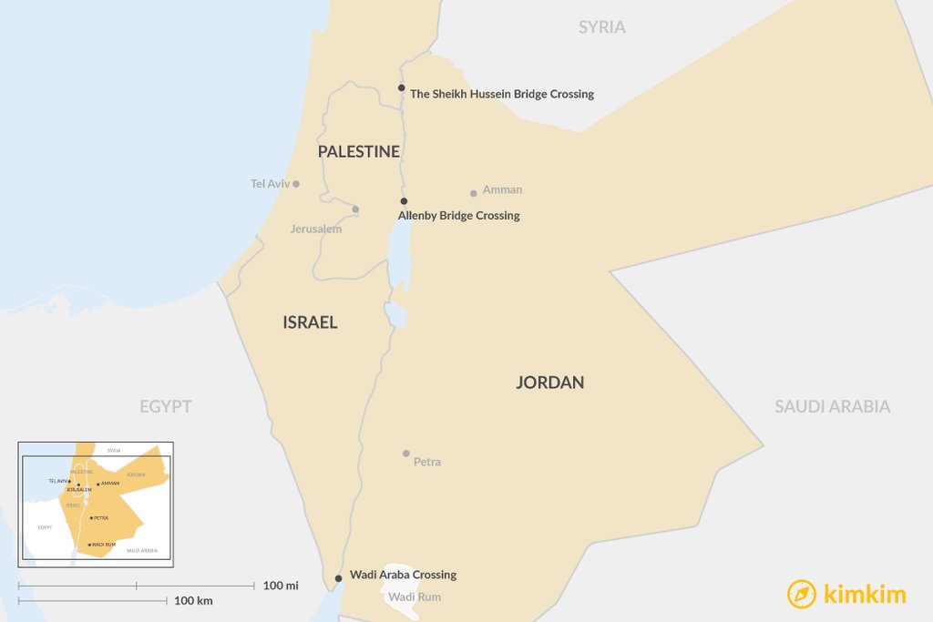 Map of border crossings between Jordan and Israel