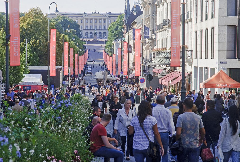Oslo's walkable streets enjoy extra daylight hours during summer months.