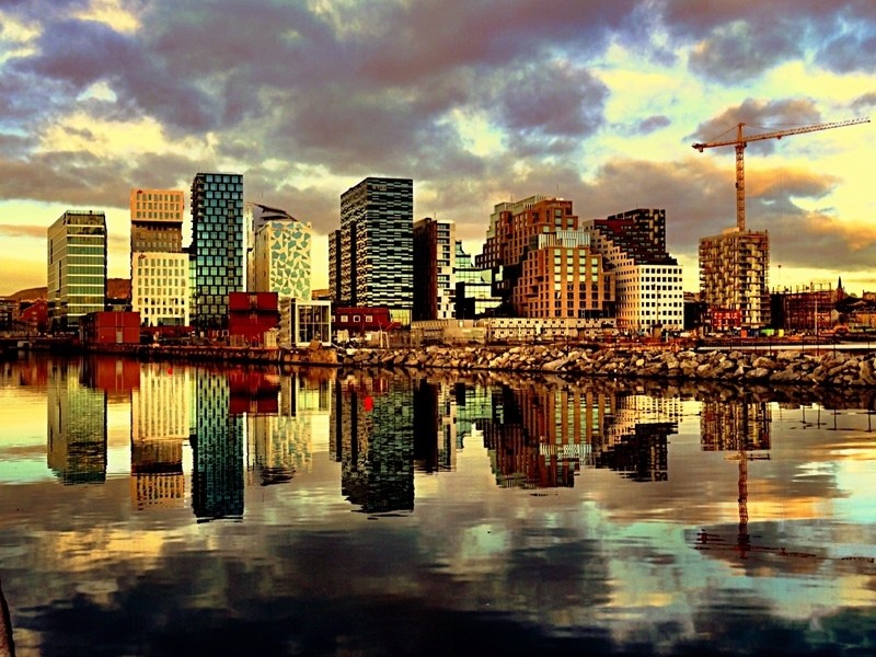 Oslo's modern skyline at sunset.