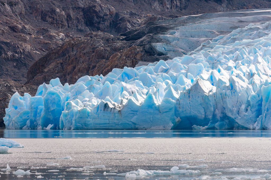 The jagged ice wall of Grey Glacier