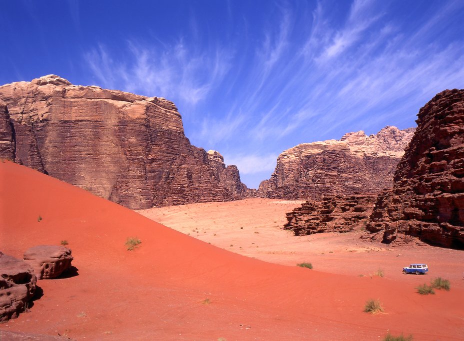 Red deserts in Wadi Rum that you'll explore in a Jeep