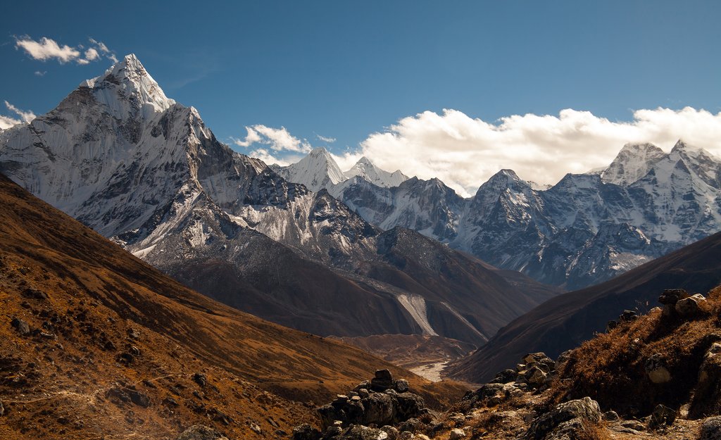 The peak of Mount Ama Dablam seen from Dingboche Village on Everest Highway in Nepal.