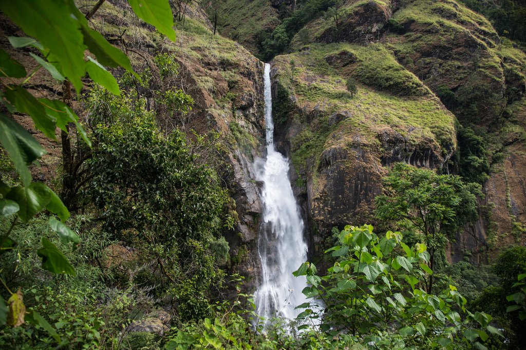 A long waterfall can be spotted early along this trek