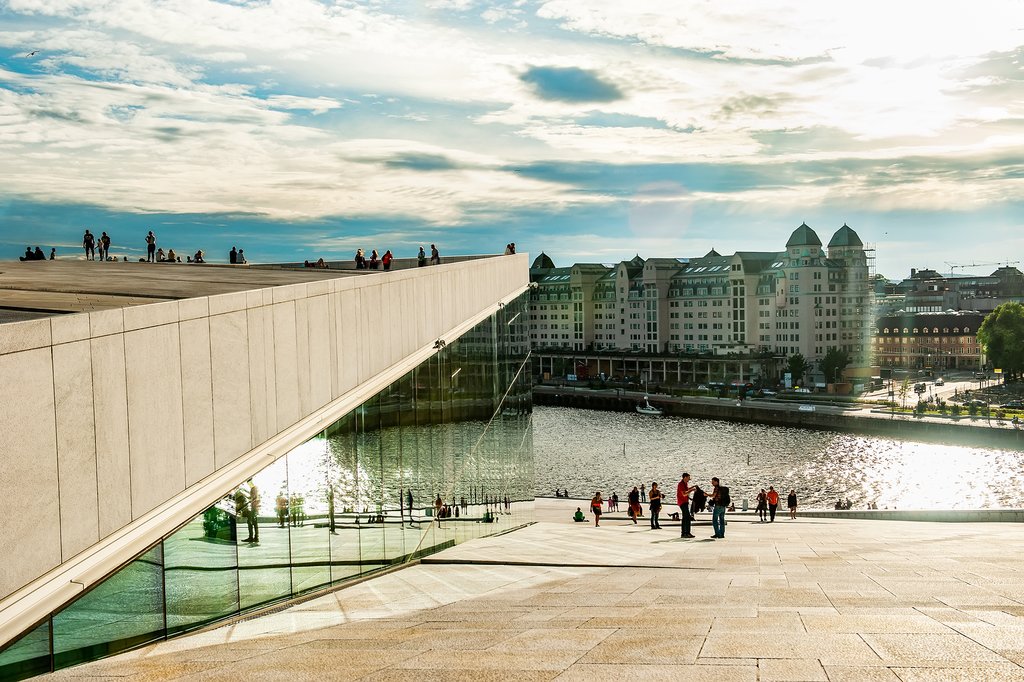 Oslo's embankment at sunset.