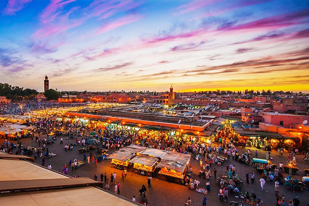 The bustling Jemaa el-Fnaa plaza in Marrakech