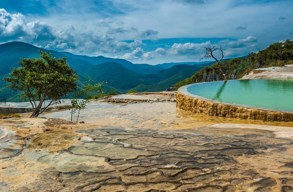 Calcified mineral puddles formed by water bubbling from springs in Hierve el Agua