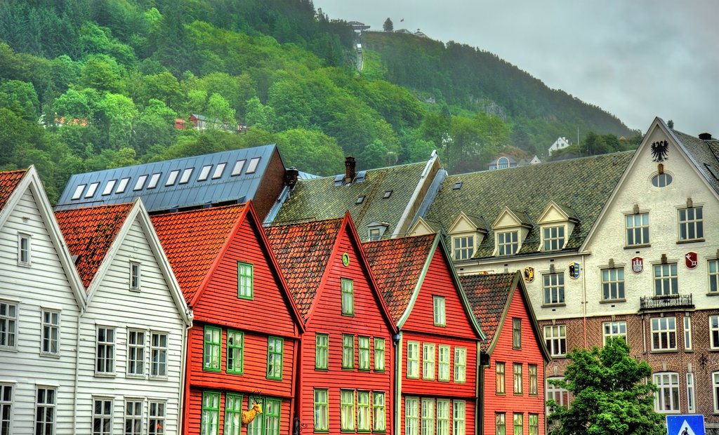 The historic Bryggen district along Bergen's picturesque wharf.