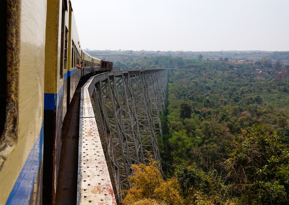 Train passing the famous viaduct Goteik between Pyin Oo Lwin and Hsipaw in Shan State, Myanmar