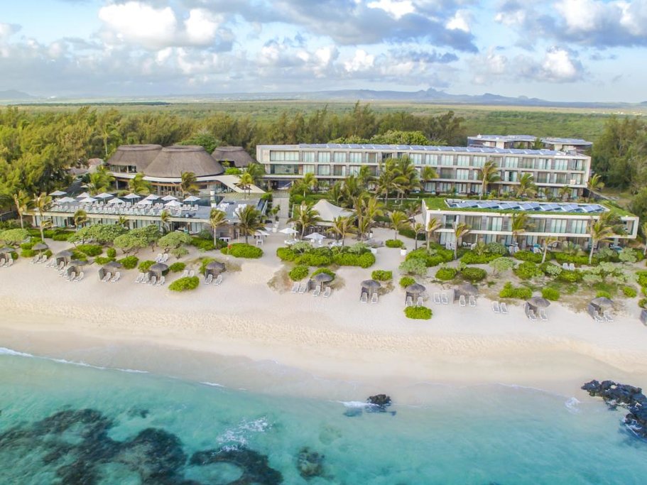 An aerial view over the accommodation and sea