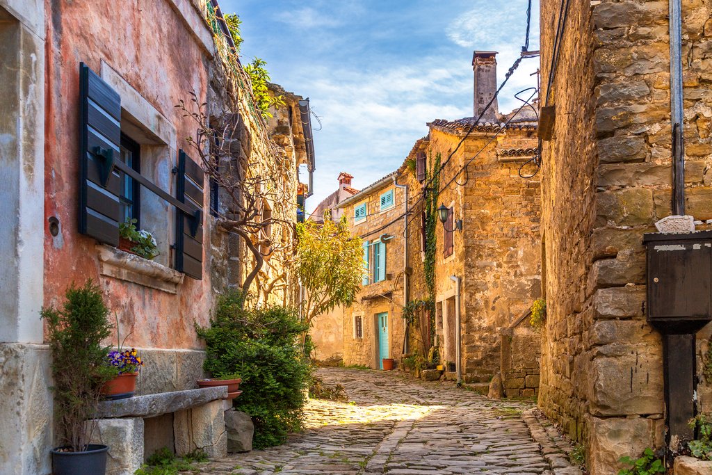 Colorful houses on a stone street in Groznjan