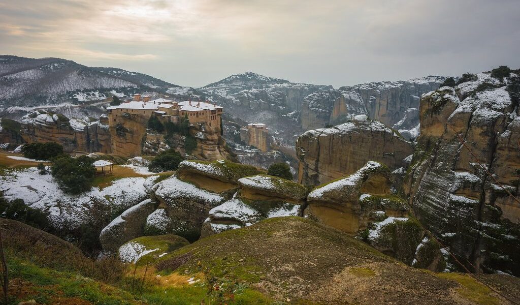 View Of The Mountains And Monasteries Of Meteora In Winter, Gree
