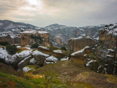 View Of The Mountains And Monasteries Of Meteora In Winter, Gree