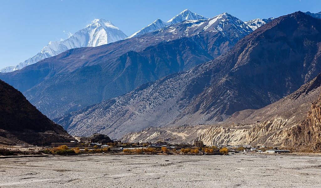 view of the Himalayas, Dhaulagiri and town Jomsom.