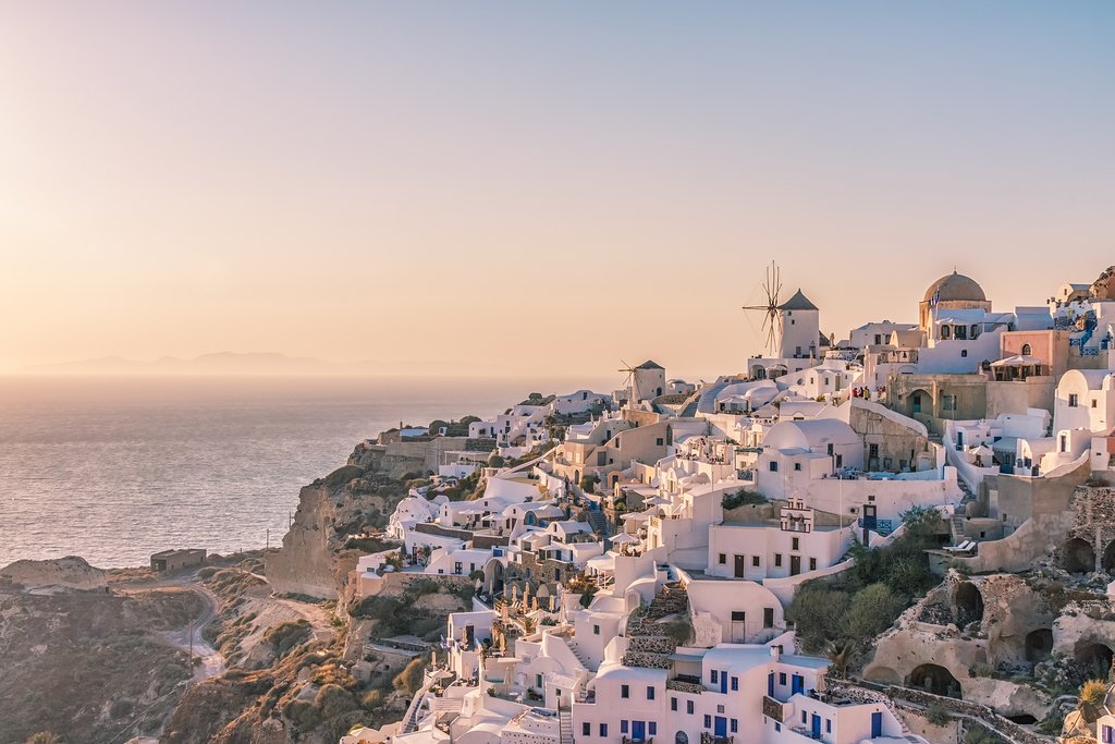The Santorini village of Oia at sunset.