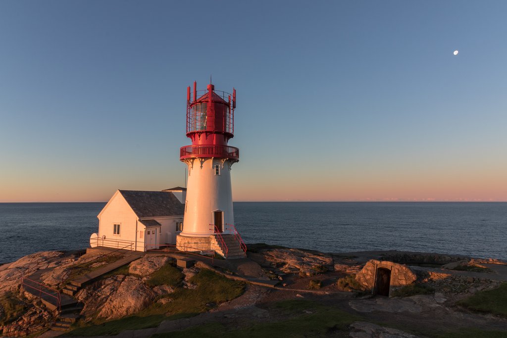 Bike past lighthouses and smooth rock formations.