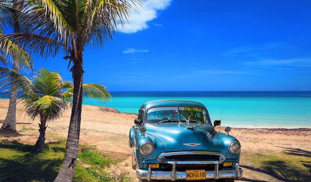 VARADERO, CUBA - MAY, 22, 2013: Blue american classic car on the