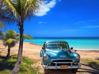 VARADERO, CUBA - MAY, 22, 2013: Blue american classic car on the
