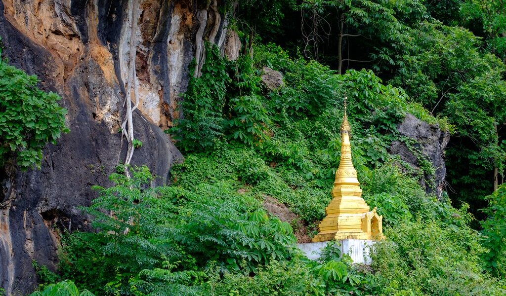 Small Buddhist Golden Pagoda In The Forest At Pindaya Caves, Mya