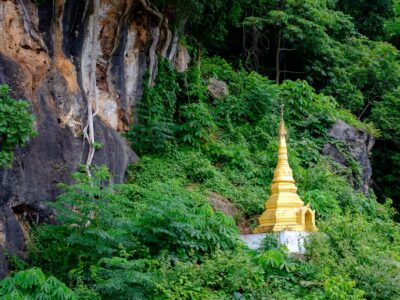 Small Buddhist Golden Pagoda In The Forest At Pindaya Caves, Mya