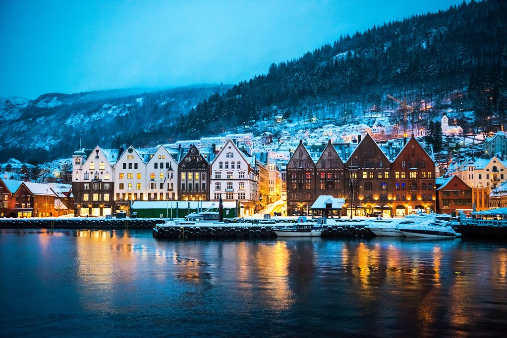Bergen's waterfront UNESCO World Heritage Site after a snowfall
